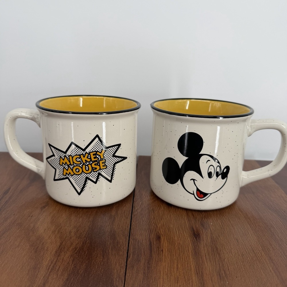 Mickey Mouse Coffee Mug Set Of 2 Zak! Disney Retro Campfire Style Yellow 16 oz